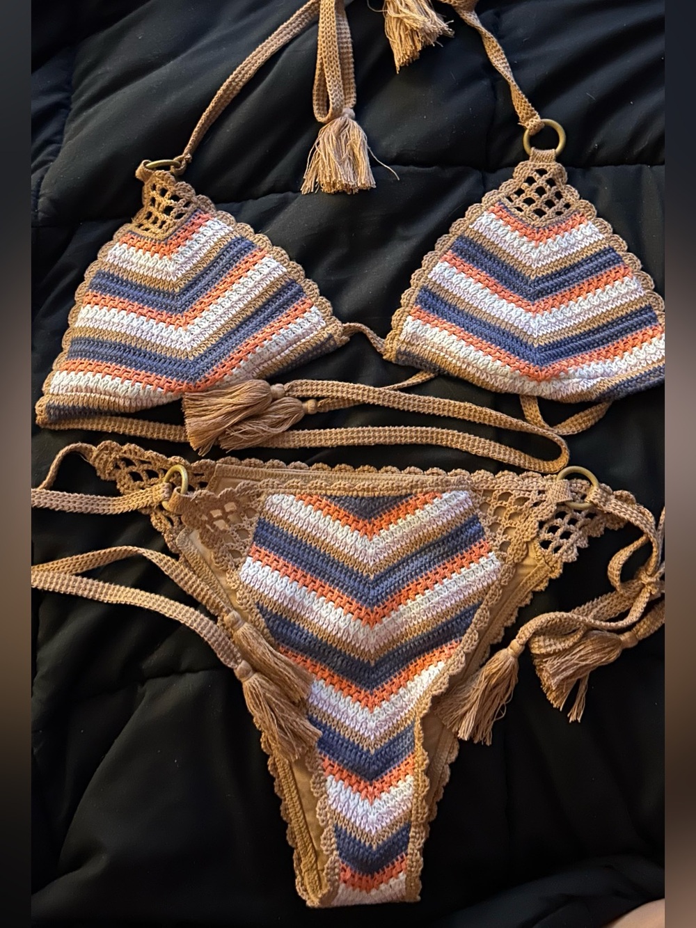 Aerie Hand-Crocheted Chevron Triangle Bikini Set - Tan, Orange, Blue, White